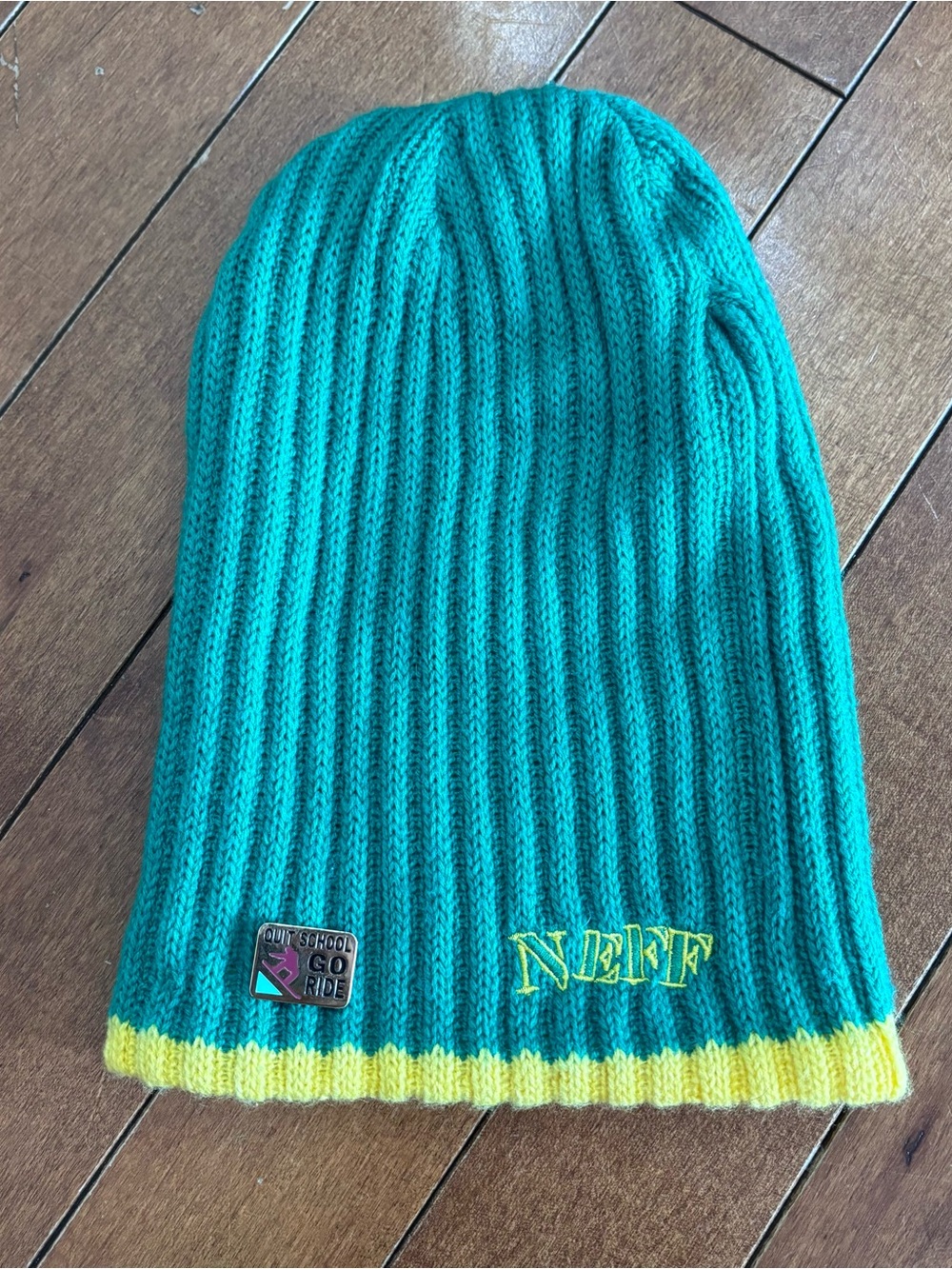 Neff Teal Knit Beanie with Yellow Edge